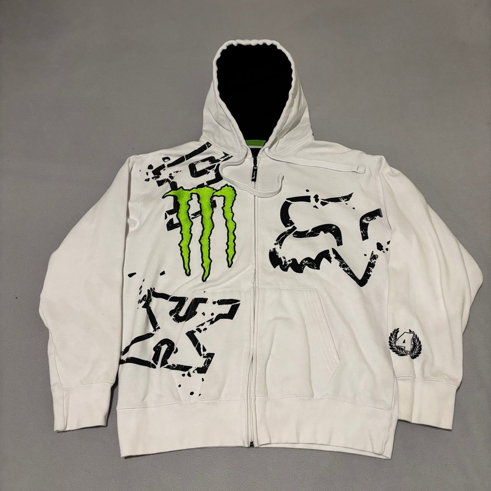 Fox Racing x Monster Energy Hoodie Mens XL White Zip Up Motocross Sweatshirt
